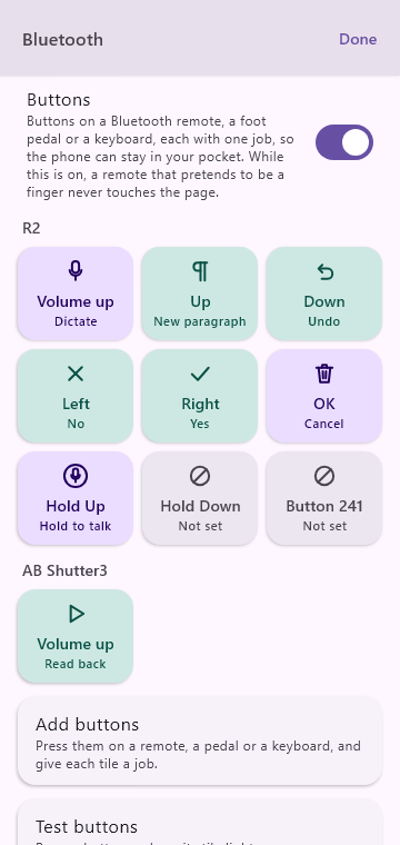 The Bluetooth screen: a remote’s buttons shown as tiles, each with its job: Dictate, New paragraph, Undo, No, Yes, Cancel, Hold to talk, Read back.