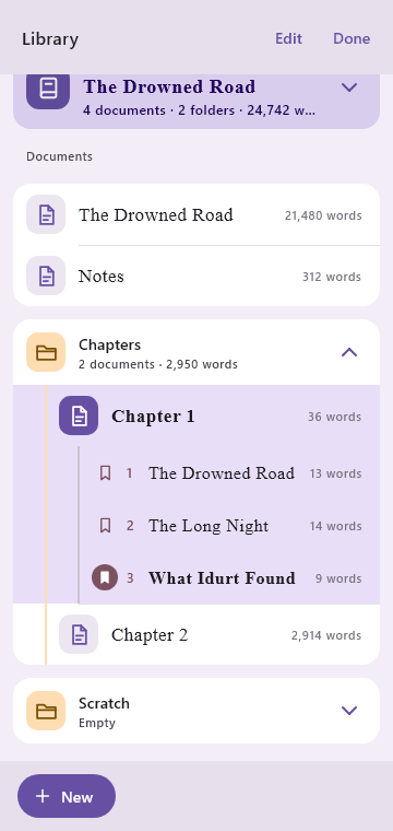 The Library: a project card, its documents with word counts, and the chapters of the open document listed beneath it.