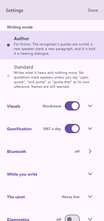 Settings: the writing mode, Author or Standard, above folded sections for Visuals, Gamification, Bluetooth, While you write and The caret.