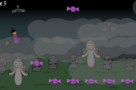 Halloween for Kids: a witch flying over a graveyard, collecting candy